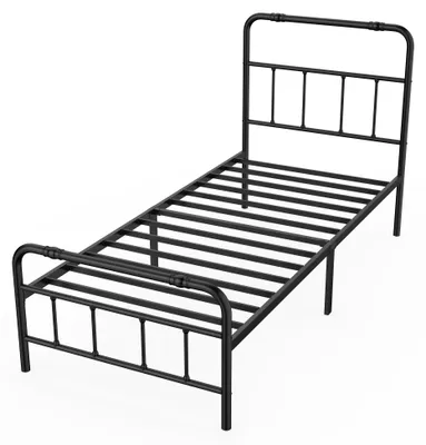 Zdjęcie produktu dla Łóżko metalowe QEENTOE, 90x200 cm, z zagłówkiem i stelażem, rama łóżka metalowa, jednoosobowe, młodzieżowe, gościnne, kolor czarny