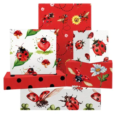 Productafbeelding van Cadeaupapier Lieveheersbeestje - 6 Vellen - 6 Designs - Verjaardag - Geschenken - Natuurthema - Gelukssymbool - Inpakpapier