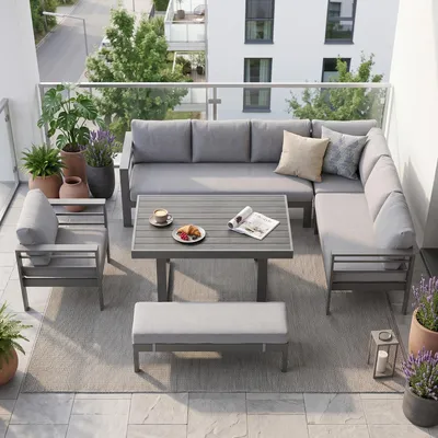 Produktbild von MEXO Gartenmöbel Set für 6-9 Personen, Gartenlounge-Set Outdoor Lounge Set mit Esstisch, wetterfeste modulare Ecklounge aus Aluminium 12cm Sitzkissen
