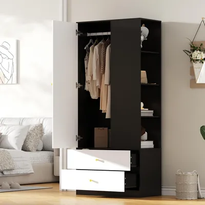 Produktbild von STILVORA Kleiderschrank 80×40×180 cm mit Spiegel und 2 Schubladen und 4 Einlegeböden, Garderobe mit Kleiderstange und Stauraum, Schlafzimmerschrank für Schlafzimmer Flur Schwarz Weiß