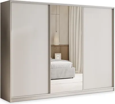 A modern wardrobe with sliding doors and a mirrored section, reflecting a bedroom interior.