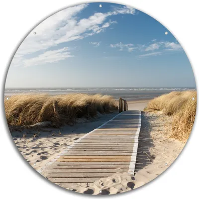 Produktbild von Wallario rundes Outdoor-Poster für Garten oder Balkon, Motiv Auf dem Holzweg zum Strand, 60 cm Durchmesser