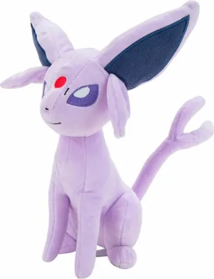 A plush toy of the Pokémon Espeon sitting on a white background.