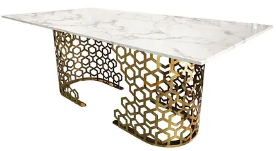 Produktbild von Casa Padrino Luxus Esstisch Weiß / Gold 200 x 100 x H. 76 cm - Esszimmer Tisch mit Kunstmarmor Tischplatte - Esszimmer Möbel - Luxus Möbel - Luxus Einrichtung