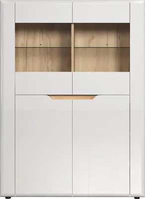 A white highboard with wooden accents.