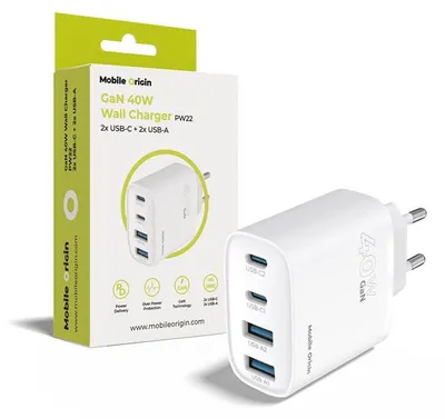 Obrázok produktu pre Mobilná nabíjačka do zásuvky Origin 40 W GaN Pw22 – 2x USB-C + 2x USB-A