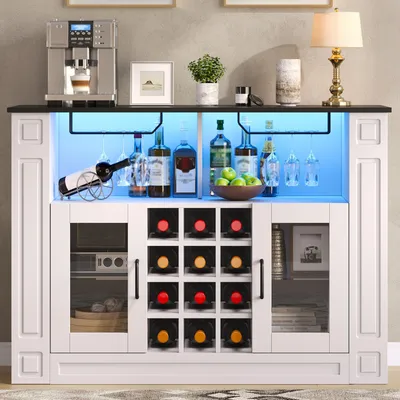 Produktbild von Merax Sideboard Weinschrank mit LED-Beleuchtung, Kaffeebarschrank mit Weinglashalter, Weinregal, Kommode, Getränkeschrank für Küche Wohnzimmer, Weiß