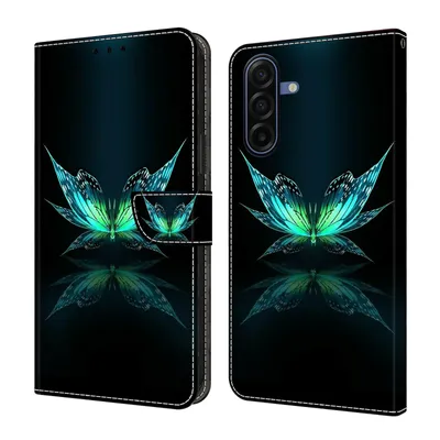 Produktbild von CLM-Tech Handyhülle kompatibel mit Samsung Galaxy A27 5G Hülle - Tasche aus Kunstleder - Klapphülle mit Ständer und Kartenfächern - Schutzhülle Wallet Case Cover schwarz türkiser Schmetterling