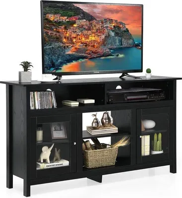 Image de Meuble TV en bois pour téléviseurs 65 pouces, meuble TV 2-en-1 et cheminée, cheminée électrique 18 pouces, meuble TV bas, buffet, commode de salon en bois, 147 x 40 x 81,5 cm, noir