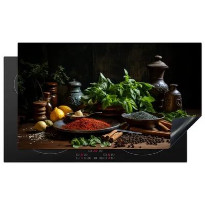 Obrázek produktu pro KitchenYeah® Krycí deska na sporák zátiší - bylinky - černá, 90x52cm, dekorace do kuchyně, keramický kryt varné desky, krycí deska na varnou desku
