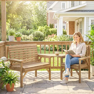 Produktbild von Gartenmöbel Set 3-teilig Tannenholz, Sitzgruppe Balkon mit Sonnenschirmloch, abnehmbarer Tisch, Naturholz | 121 x 65 x 90 cm | 22 kg