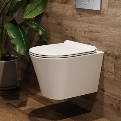A modern bathroom scene featuring a wall-mounted toilet and a potted plant.