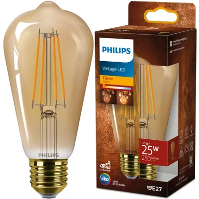 Zdjęcie produktu dla Philips Bursztynowa żarówka z widocznym spiralnym żarnikiem 25 W ST64 E27, 3,1 W, 25 W, E27, 250 lm, 15000 h, Flame