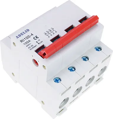 A white electrical circuit breaker with a red lever, mounted on a white surface.