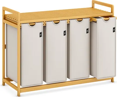 A laundry basket with a bamboo frame and four fabric compartments.