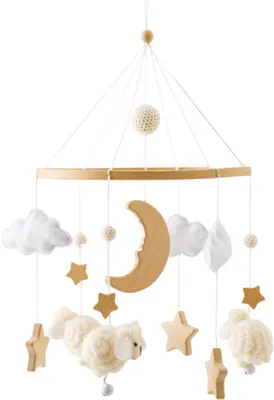 Productafbeelding van Baby mobiel schapen, voor kinderkamer, hout en vilt, wolken en sterren