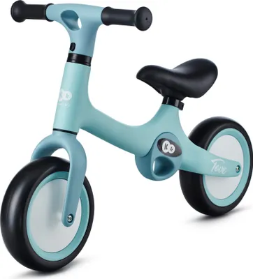 A mint-colored balance bike with black handlebars, seat, and tires, presented on a white background.