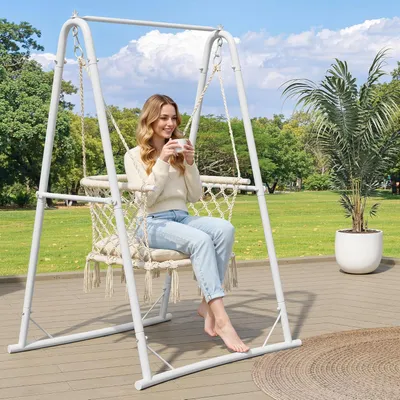 Produktbild von Balconera Hängesessel mit Gestell, Stabiler Stahlrahmen mit Kissen, Max. Belastung 150 kg, Hängesessel mit 2 Haken für Terrasse, Weiß