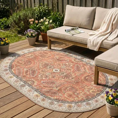 Zdjęcie produktu dla Volero - Owalny dywan zewnętrzny Vintage - Santo Flora Terakota - 200x290 cm
