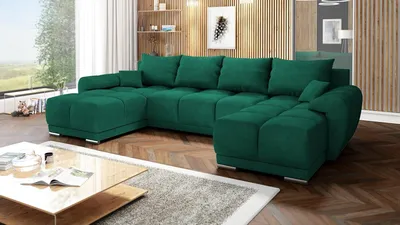 Produktbild von Velvet Ecksofa in U-Form – Grün M37 Sofa – Couch mit Stauraum und Kissen - Ausziehbares Schlafsofa – Sofa mit Schlaffunktion - Schlafsofa mit Bettkasten – Gästebett – 365 x 189 cm