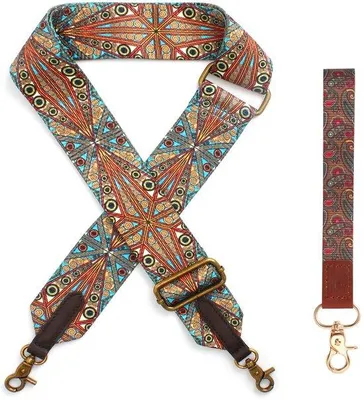 Productafbeelding van Ibenzoa® 2-delige set boho-stijl tasriemen, verstelbaar van 95-145 cm, 5 cm breed, polyester en zinklegering, kleurrijk – schouderriemen voor handtassen en rugzakken + sleutelhanger