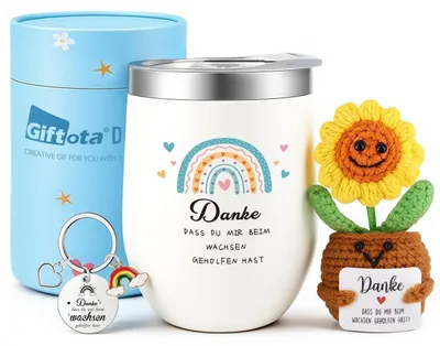 Immagine prodotto di Set regalo "Grazie": tazza termica, peluche, portachiavi, motivo girasole, acciaio inossidabile
