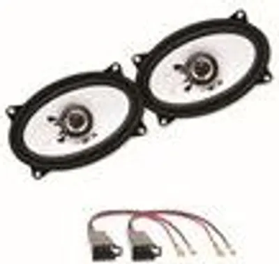Two oval car speakers and their wiring harness are shown against a white background.
