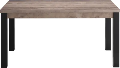 A rectangular dining table with a wood-effect top and black legs, presented against a white background.
