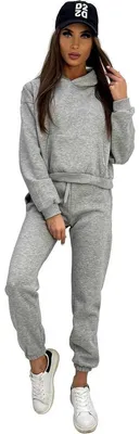Produktbild von Damen Jogginganzug Sport Freizeitanzug mit Kapuzenpullover, Graumeliert L/40