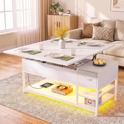 Imagen del producto de Mesa de centro LED, con altura ajustable, ideal para el salón, equipada con enchufes