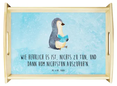 Produktbild von Mr. & Mrs. Panda sofatablett Pinguin Buch - Eisblau - Geschenk, Lesen, Servier Tablett, Urlaub, serviertablett aus holz, Deko, Holztablett, Ferien