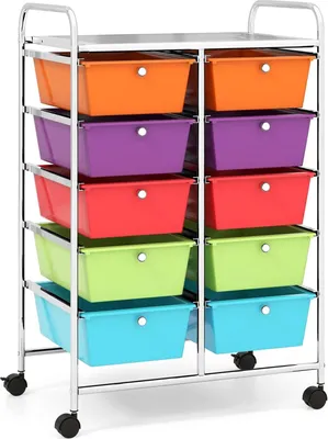 Produktbild von COSTWAY Rollwagen mit 10 stapelbaren Schubladen, Schubladenwagen Rollcontainer mit Metallgestell und Ablagefläche, Badrollwagen Aufbewahrungswagen für Büro, Wohnzimmer, 65,5 x 37 x 87 cm