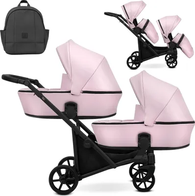 Immagine prodotto di Carrozzina doppia Kunert BRAV DUO 2in1 in ecopelle rosa baby con ruote in gel e telaio nero