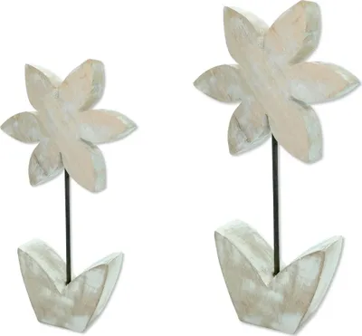 Produktbild von Holz Skulptur Blume weiß-braun 2er Set - 21 und 26cm Dekofigur Tisch-Deko Holzblume Figur