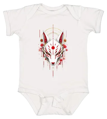 Image de Masque Kitsune, Japon, fleur de cerisier (sakura), style anime/manga, Inari, Y2K, yokai, body pour bébé, blanc, taille 6/12 mois