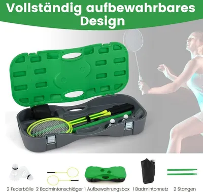 Produktbild von Badminton Netzständer tragbares Federballspiel mit Schlägern Komplett Badminton Set Grün