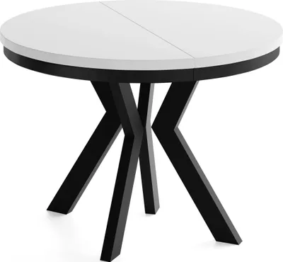 Produktbild von Runder Esstisch Ausziehbar 100-200 cm XXL Groß – Verlängerbar, für 5-10 Personen mit Schwarzen Holzbeinen & Metallring – Tisch für Wohnzimmer & Esszimmer in Weiß