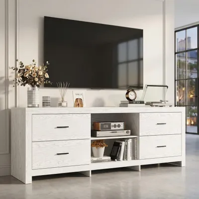 Produktbild von Lowboard mit 4 Schubladen, TV-Schrank mit Offenen Staufächern, für Wohnzimmer, Medienbereich, Weiß, MDF, 180 x 40 x 65 cm