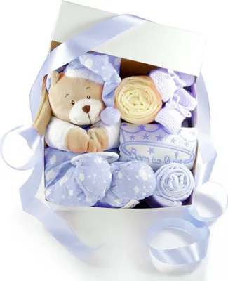 Produktbild von Geschenkbox zur Geburt SPIELUHR TEDDYBÄR | Geschenkkorb 6-teilig blau