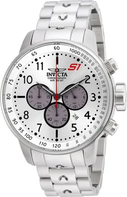 A close-up studio shot of a silver Invicta S1 Rally chronograph watch with a white dial, displayed against a white background.
