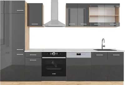Produktbild von Küchenzeile Vicco R-Line Anthrazit Hochglanz/Goldkraft Eiche 300 cm , AP Marmor, Model 42977