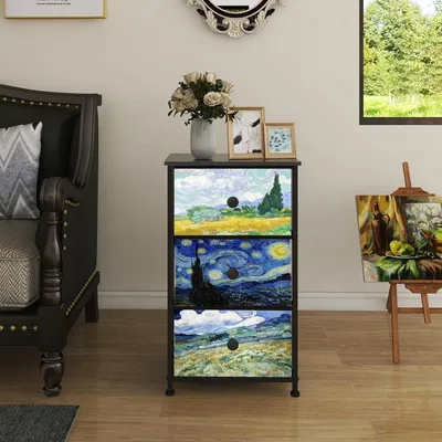 Immagine prodotto di Comodino con 3 cassetti in tessuto, stile Van Gogh, dimensioni 40x30x72 cm