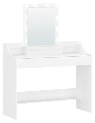 Image de Coiffeuse avec miroir à LED - Largeur 108 cm - Éclairage LED à intensité variable - 2 tiroirs - 3 compartiments ouverts - Blanc