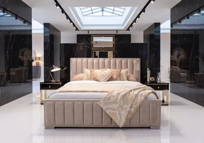 Produktbild von Polsterbett 120x200 Primo | Mit Bettkasten & Lattenrost | Kopfteil aus 12 weichen Paneelen | Riviera 21 Beige, KI-generiertes Bild