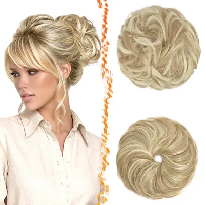 Image de Chouchou en cheveux synthétiques, lot de 2 pièces, avec élastique, extension de cheveux pour femmes, couleur blonde très claire et blonde platine