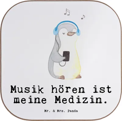 Produktbild von Mr. & Mrs. Panda Untersetzer Tasse Pinguin Musik hören - Weiß - Geschenk, Getränkeuntersetzer, Coaster, Tassenuntersetzer, gläseruntersetzer, Lieblingssong, für Gläser