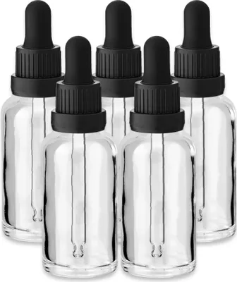 Produktbild von 5x Glasflasche klar 30 ml mit schwarzer Tropfpipette Apothekerflaschen
