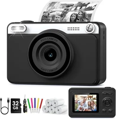 Zdjęcie produktu dla Aparat fotograficzny z natychmiastowym wydrukiem dla dzieci z ekranem 2,4 cala, aparat cyfrowy 1080P, druk natychmiastowy bez atramentu, karta pamięci 32 GB i 5 rolek papieru do drukowania w prezencie 3-12 lat