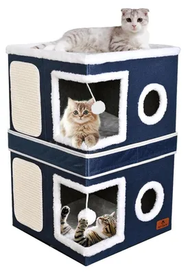 Immagine prodotto di Cuccia pieghevole per gatti, a 2 piani, con tiragraffi e pallina giocattolo, colore blu, dimensioni 41x41x63 cm