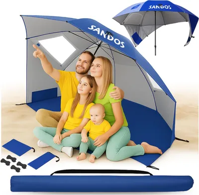 A family is sitting under a beach umbrella on a sandy beach.